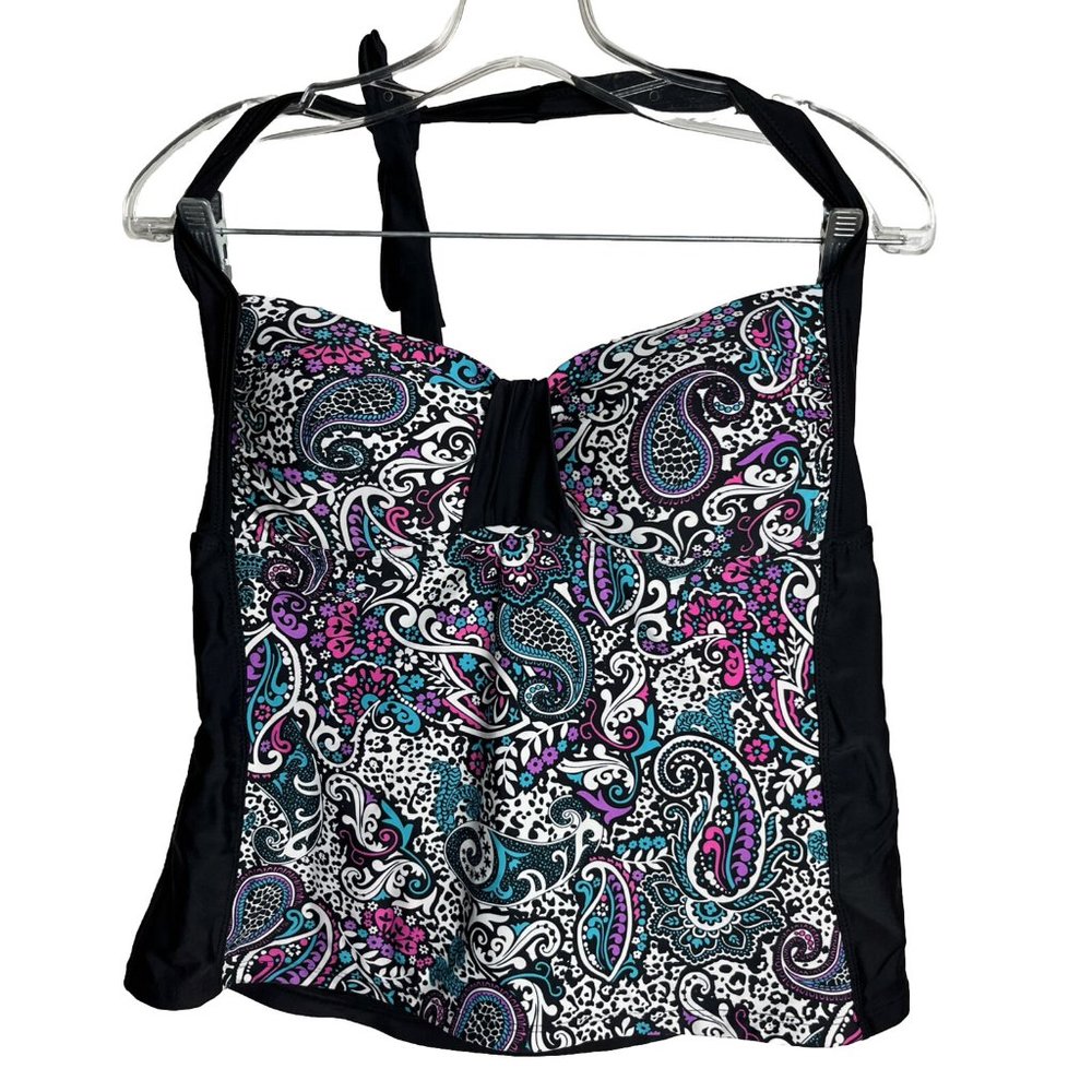 Catalina Women Tankini Top Large 36/38 C/D Paisley Black Halter Swimsuit Bathing